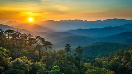 Majestic sunrise over lush green mountain ranges scenic view sky calm rays blue trees hills light
