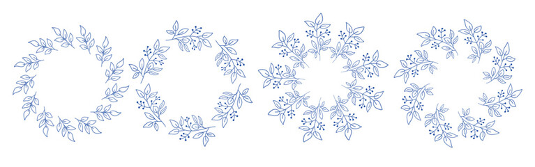 Mediterranean blue branches circular frame set. Minimal hand drawn design with leaves . Ideal for wedding invitations, cards, logos, and posters.