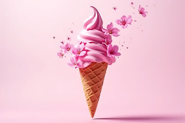 Delightful ice cream cone with cherry blossoms pink background sweet treat whimsical vibe