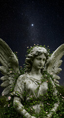 Fototapeta premium Serene Angel Statue Under Starry Night Sky Peaceful Cemetery Monument Guardian Wings Celestial Beauty Spiritual Art
