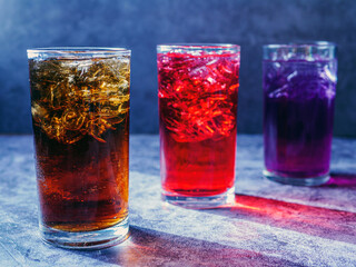 A lot of Soft drinks in colorful and flavorful glasses on the table,Glasses with sweet drinks with ice cubesv