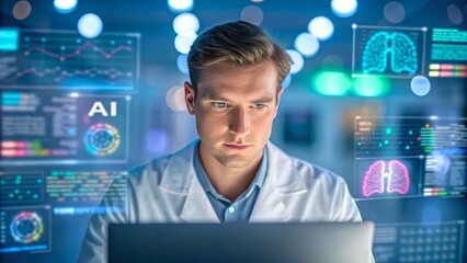 Medical Professional Analyzing Data with AI Technology in Modern Healthcare Setting