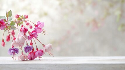 Elegant Fuchsia Flowers on White Wooden Table, Soft Background fuchsia flowers blossoms blooms pink
