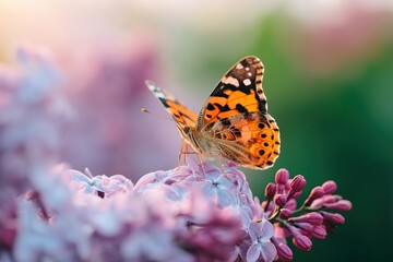 Obraz premium Colorful butterfly perched on blooming flowers in a serene garden during springtime