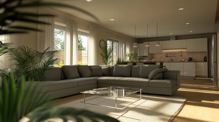 Modern living room, open plan kitchen, sunlight, plants, home interior design, real estate