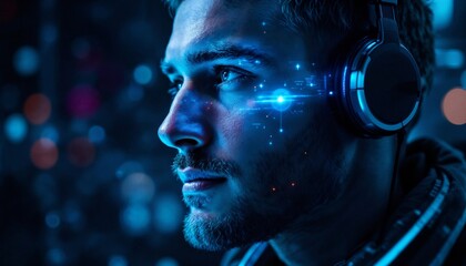 Man Listening to Music: A young man wearing headphones, his face illuminated by a blue glow, is lost in the world of music. The image evokes a sense of peace and tranquility.