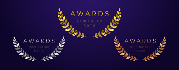 Set of artistic handdrawn brushing style round frames. Gold, silver and bronze awards design. Awarded palm branches. Achievement symbol of the first, second and third place. Creative floral circle.