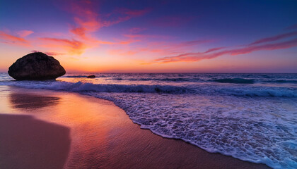 Obraz premium serene beach landscape at sunset with gentle waves and a solitary rock illuminated by vibrant hues in the sky generative ai