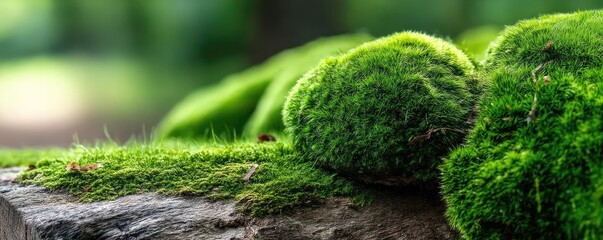 Green moss in natural forest with beautiful colours concept. Lush green moss covering rocks in a serene forest setting.