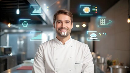 Smiling Male Chef in Modern Kitchen with AI Technology and Graphical User Interfaces