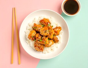 Delicious Teriyaki Chicken with Rice A Top Down View of a Savory Asian Meal