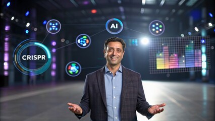 Scientist Presenting CRISPR Technology and AI Innovations in Modern Conference Setting