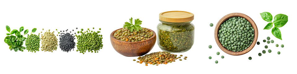A collection of variety of dry green, brown, yellow, and black lentils with leaves and in jars, isolated on a transparent background.