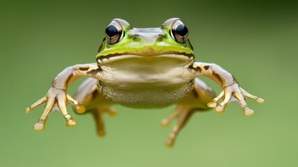 A green frog is in the air. It has yellow feet. The frog is looking at the camera