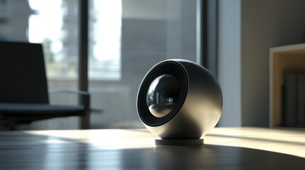 A modern sphere shaped surveillance camera on a wooden surface