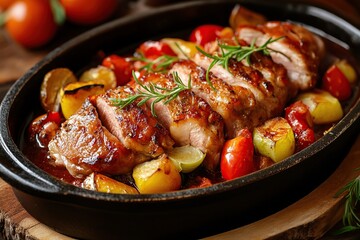 Juicy roasted meat with fresh vegetables served in a rustic dish