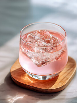 Pink cocktail, minimal, wooden coaster, marble table