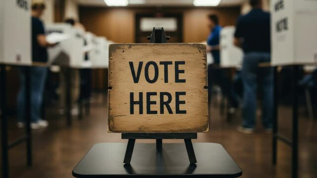 Vote Here Sign in Polling Place - A rustic wooden sign reading "Vote Here" stands on an easel in a blurred background of people voting at polling booths.  The image conveys a sense of civic duty and p