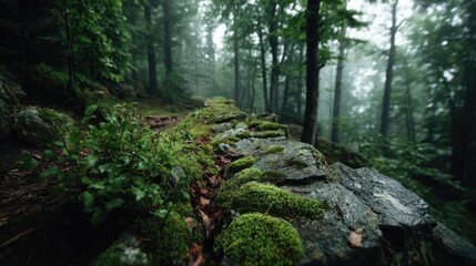 Green moss with natural colours in peaceful forest concept. Moss-covered stones in a serene forest.