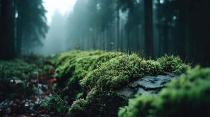 Obraz premium Green moss with natural colours in peaceful forest concept. Lush green moss on a fallen log in the forest