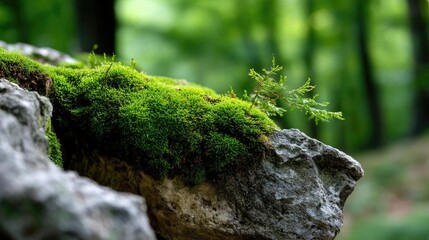 Obraz premium Green moss with natural colours in peaceful forest concept. Lush green moss on a textured stone surface.