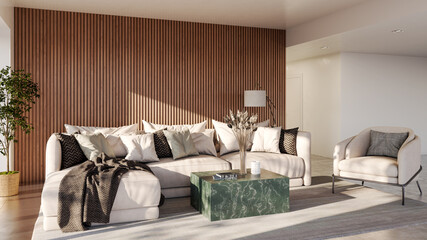 Large luxury modern bright interiors Living room mockup illustration 3D rendering image