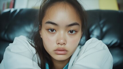A woman with brown hair and brown eyes. She is wearing a white shirt and a blue shirt