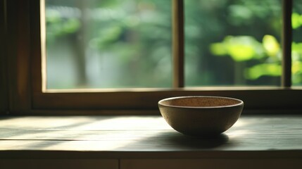 A ceramic bowl rests on a windowsill with natural light