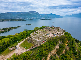 Panoramic aerial view of Rocca di Manerba on Lake Garda Lombardy Italy. the image transmits...
