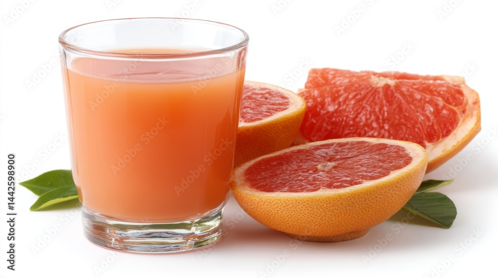Poster close-up of a glass filled with chilled grapefruit juice alongside fresh citrus slices on a clean wh