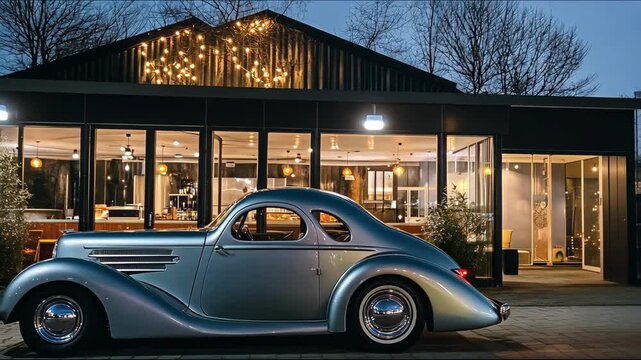 Classic car in front of modern building
