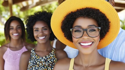 A woman with a yellow hat and glasses is smiling. She is surrounded by three other women. One of the women is wearing a pink shirt
