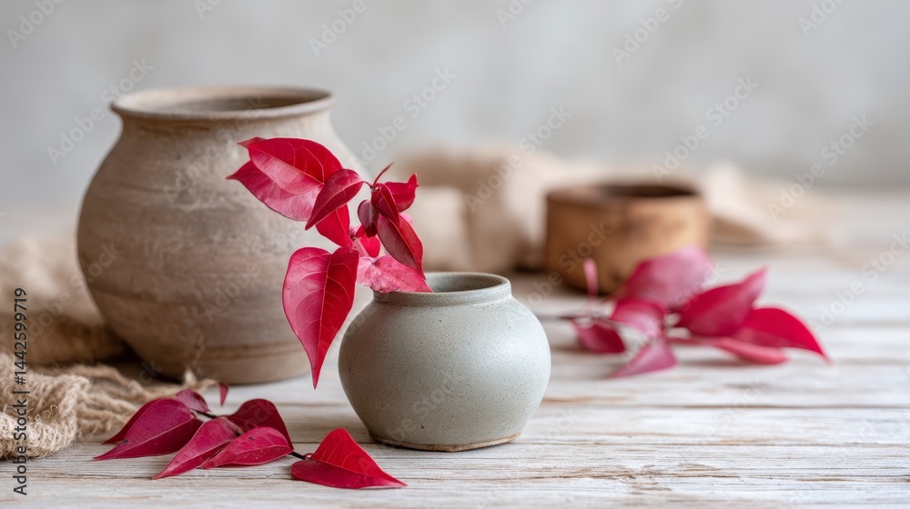 Poster A striking red leaf with detailed veins emerges from a rustic clay pot, enhancing the natural charm of the setting with soft tones and textures in a minimal composition