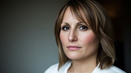 A woman with brown hair and brown eyes. She is wearing a white shirt. She is looking at the camera