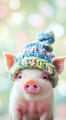 Fototapeta premium A cute little pig wearing a colorful knitted hat, set against a pastel-colored, bokeh background