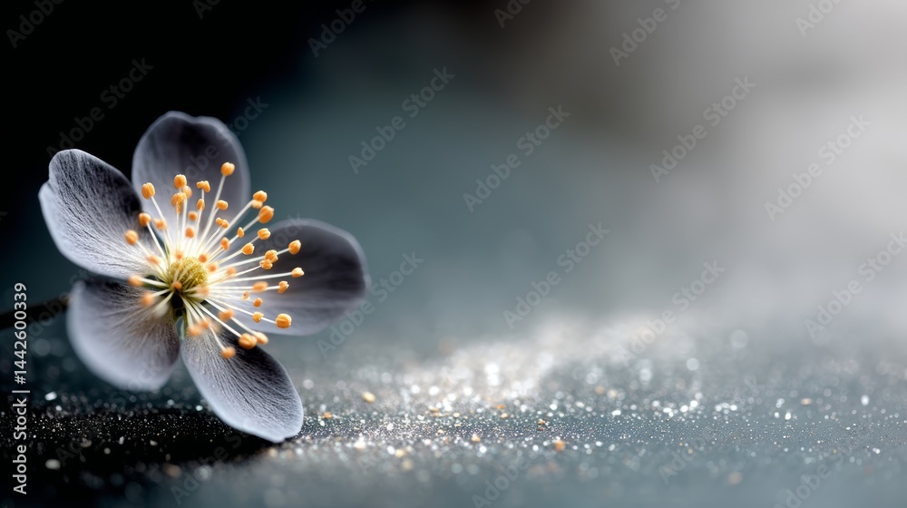 Poster Close-up of an elegant black flower adorned with shimmering golden highlights and sparkling dust, positioned dramatically against a dark backdrop with ample space