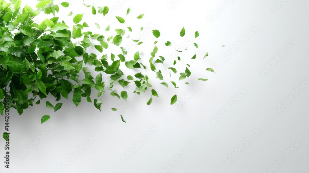 Poster green leaves are artistically scattered as if floating on a bright white surface, creating a serene 