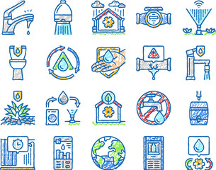 water saving world drop planet icons hand drawn