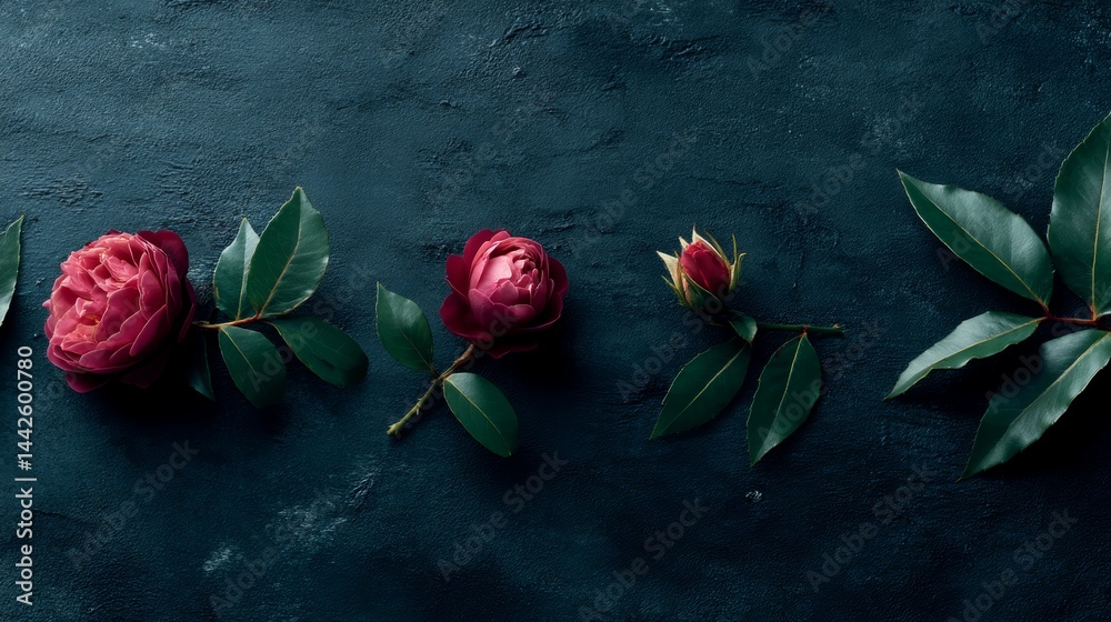 Poster close-up view of three red roses and one rosebud with vibrant green leaves on a richly textured dark