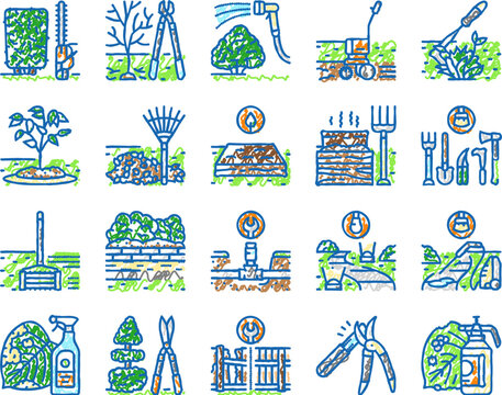 garden maintenance mulching icons hand drawn