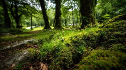 Naklejka premium Green moss with relax mood in green forest concept. Lush green moss covering forest floor in spring.