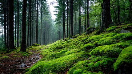 Obraz premium Green moss in natural forest with beautiful colours concept. A serene forest path covered in lush, vibrant green moss.