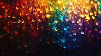 Vibrant cascading chromatic display of luminous ethereal drops and reflections