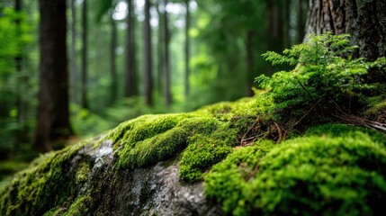 Naklejka premium Green moss with natural colours in peaceful forest concept. Lush green moss covering a rocky surface.