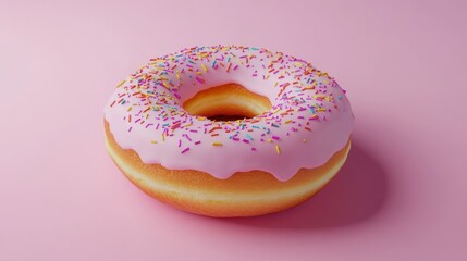 A Delicious Donut Frosted with Pink Icing and Colorful Sprinkles