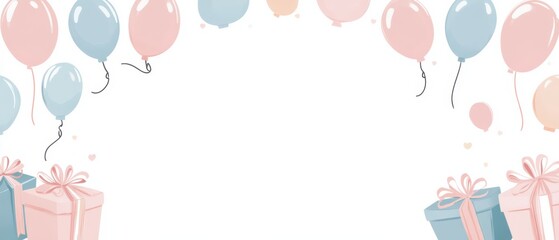 Pastel Balloons and Gift Boxes Illustration for Birthday Party Invitation or Baby Shower Decoration with Copy Space