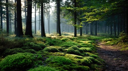 Fototapeta premium Green moss with natural colours in peaceful forest concept. Lush forest with soft moss and sunlight beams.