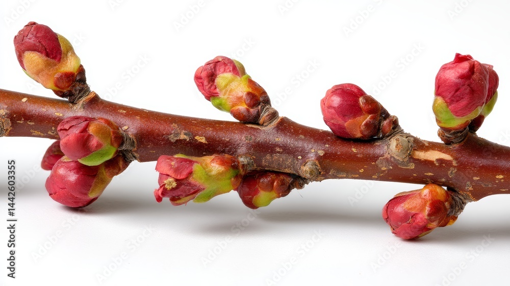 Poster delicate slender branch showcases tiny vibrant buds, highlighting intricate textures and natural bea