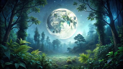 Naklejka premium Dense foliage surrounds the glowing orb of a full moon, casting an eerie light on the forest floor, silvery glow, nocturnal scene
