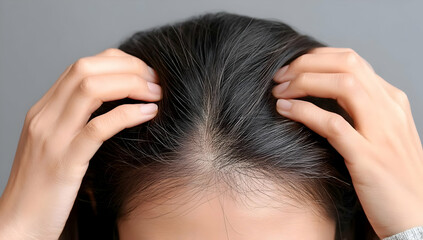 Fototapeta premium A close-up image of a person gently massaging their scalp, evoking feelings of relaxation and stress relief. Ideal for wellness and self-care themes.